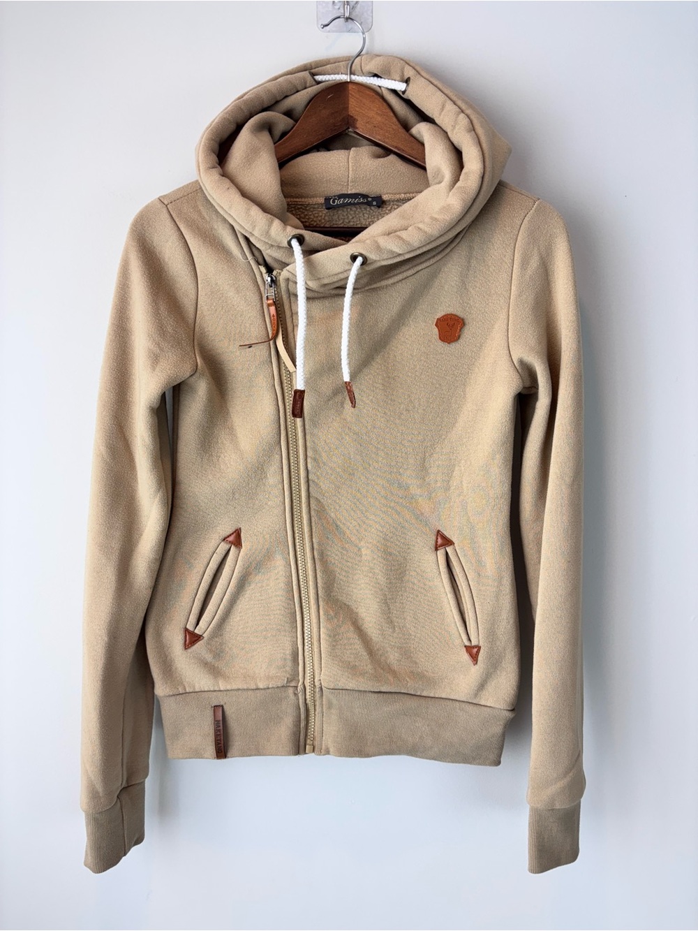 NAKETANO Women’s S Beige Tan Full Zip Hoodie Jacket Cowl Neck Leather Details